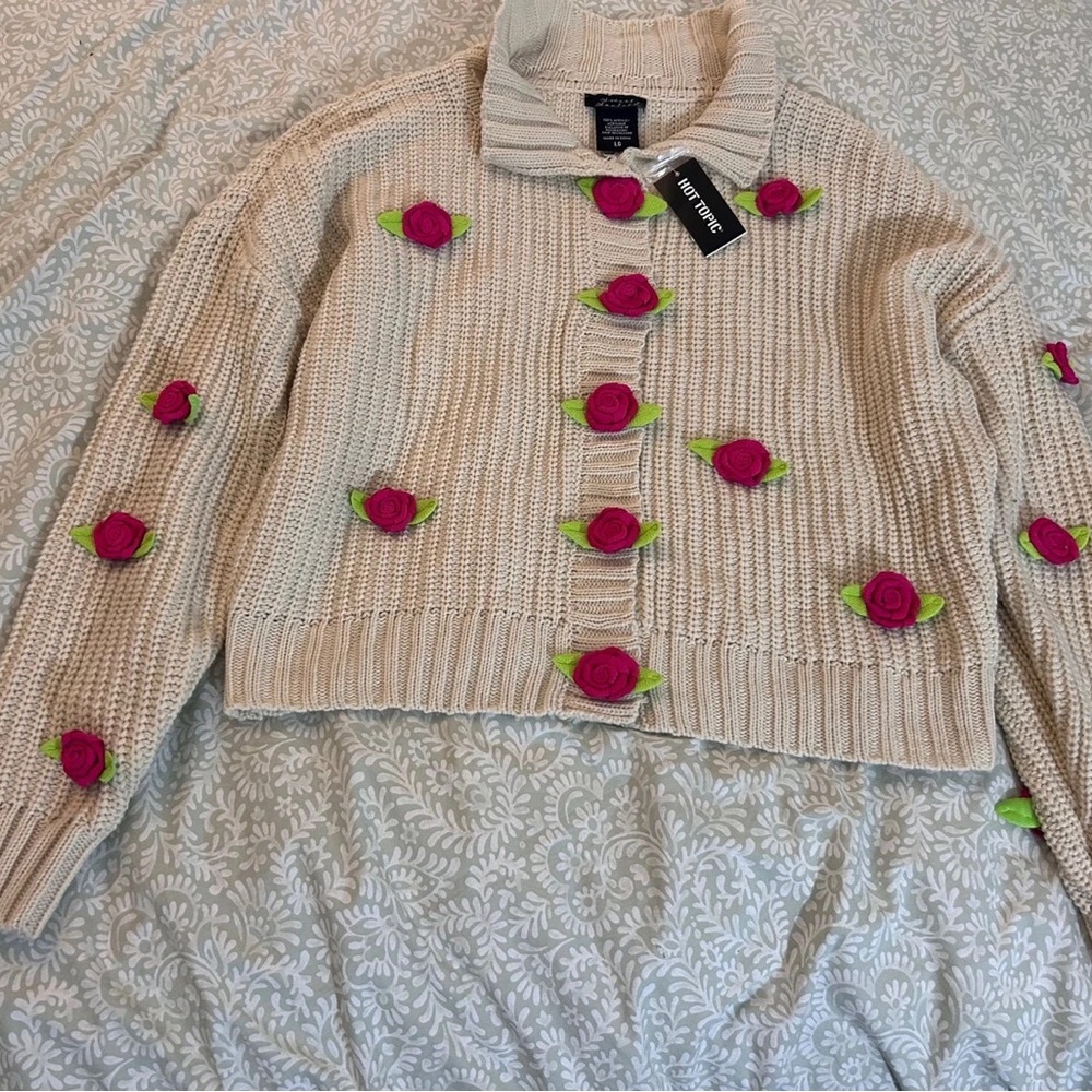 Embroidered Cream Sweater with Pink Accents